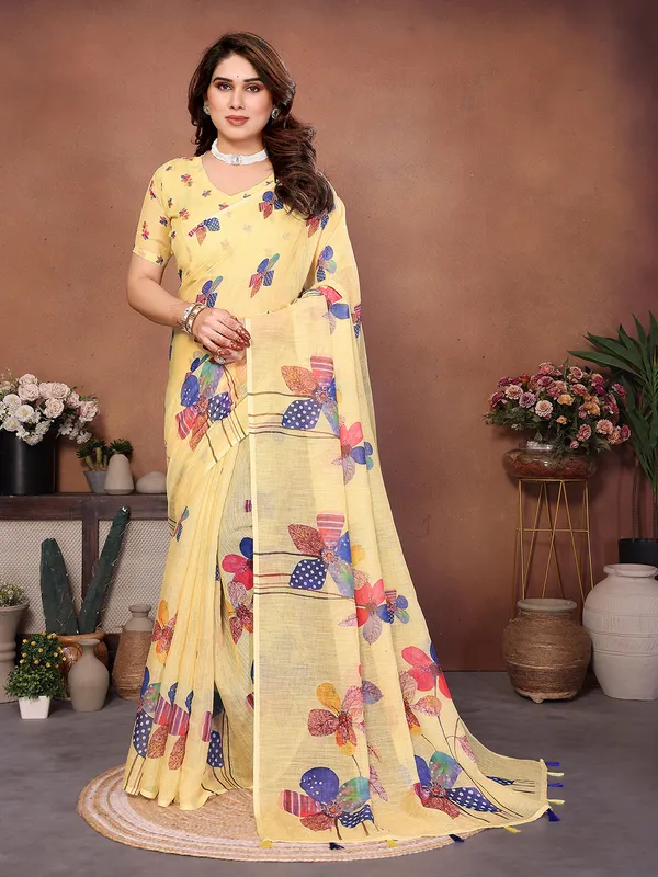 Digital_Print_Cotton_Linen_Saree_With_Unstitched_Blouse_Piece_(YELLOW)