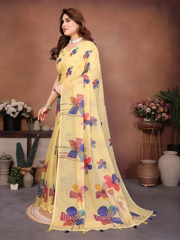 Digital_Print_Cotton_Linen_Saree_With_Unstitched_Blouse_Piece_(YELLOW)