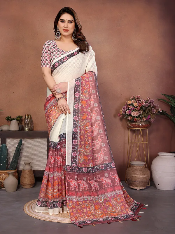 Digital_Print_Cotton_Linen_Saree_With_Unstitched_Blouse_Piece_(White)