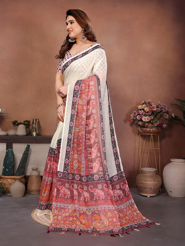 Digital_Print_Cotton_Linen_Saree_With_Unstitched_Blouse_Piece_(White)