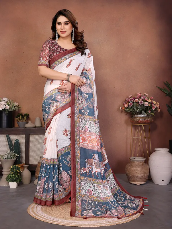 Digital_Print_Cotton_Linen_Saree_With_Unstitched_Blouse_Piece_(White)