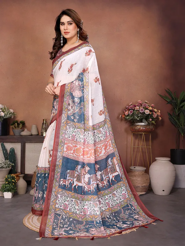 Digital_Print_Cotton_Linen_Saree_With_Unstitched_Blouse_Piece_(White)