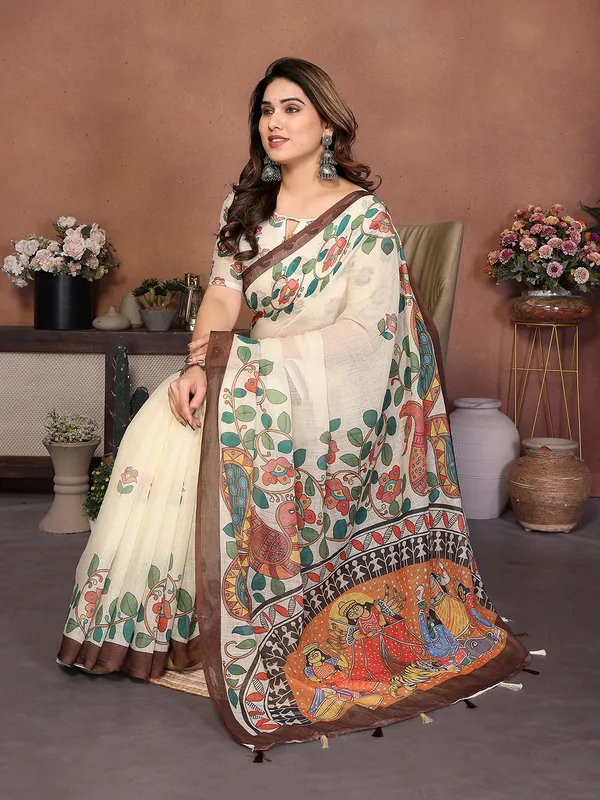 Digital_Print_Cotton_Linen_Saree_With_Unstitched_Blouse_Piece_(CREAM)