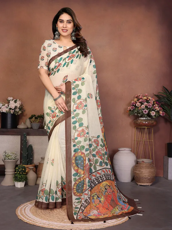 Digital_Print_Cotton_Linen_Saree_With_Unstitched_Blouse_Piece_(CREAM)