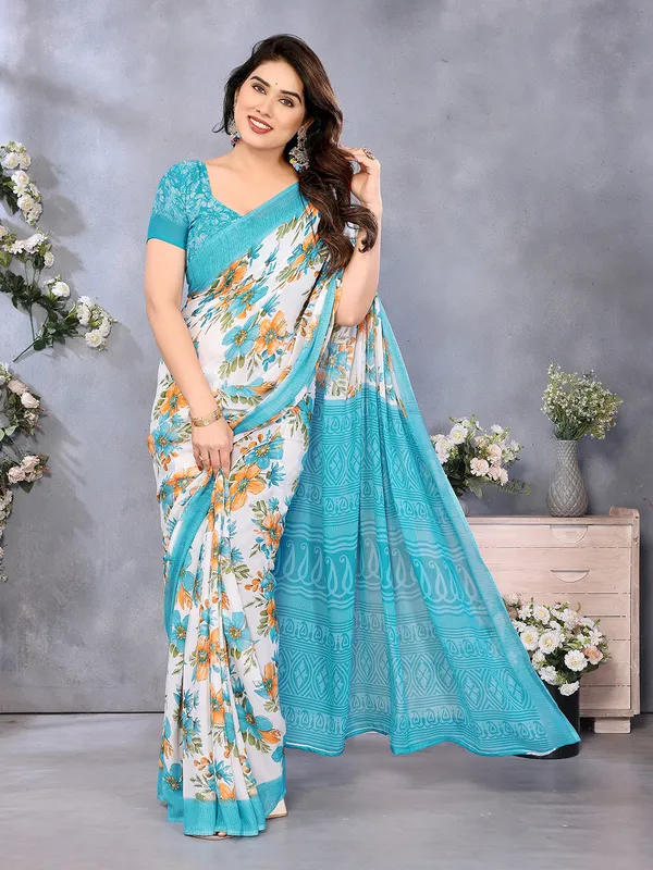 Paisley,_Floral_Print_Daily_Wear_Georgette_Saree��(Light_Blue,_Orange,_White)