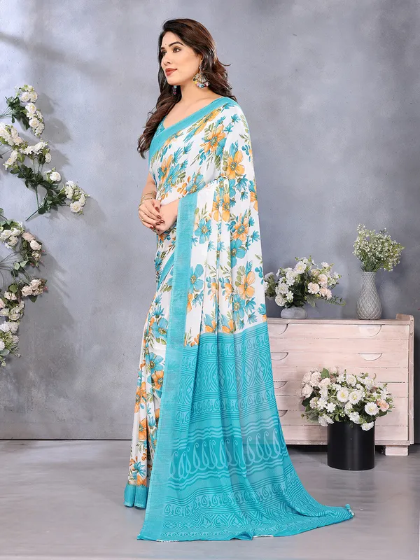Paisley,_Floral_Print_Daily_Wear_Georgette_Saree��(Light_Blue,_Orange,_White)