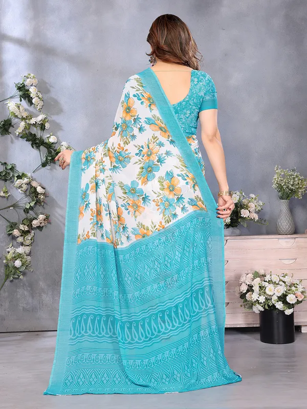 Paisley,_Floral_Print_Daily_Wear_Georgette_Saree��(Light_Blue,_Orange,_White)