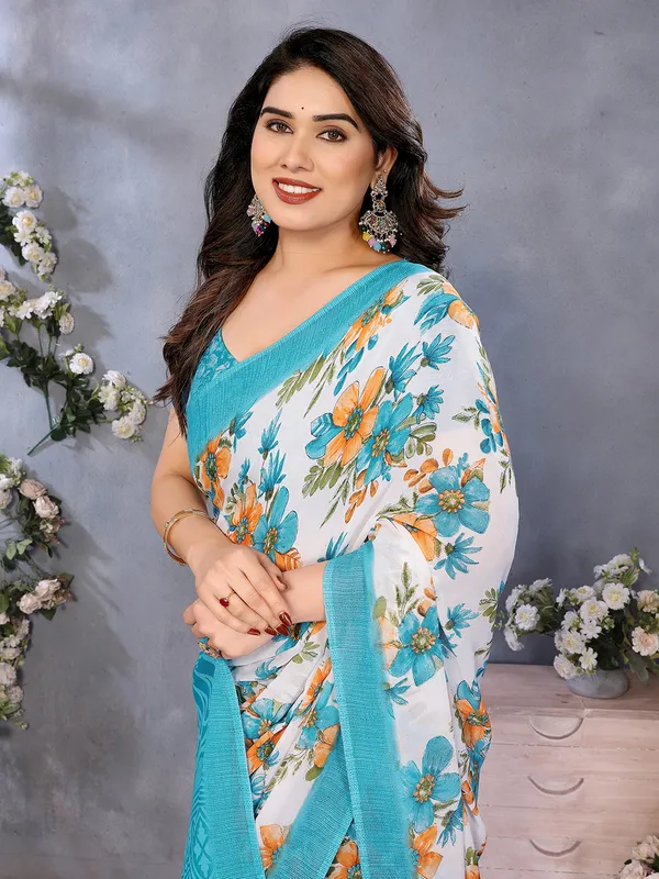 Paisley,_Floral_Print_Daily_Wear_Georgette_Saree��(Light_Blue,_Orange,_White)