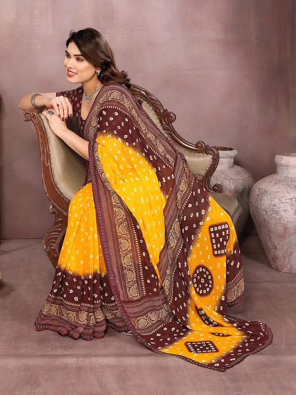 Printed,_Geometric_Print_Bandhani_Georgette_Saree��(Yellow,_Maroon)