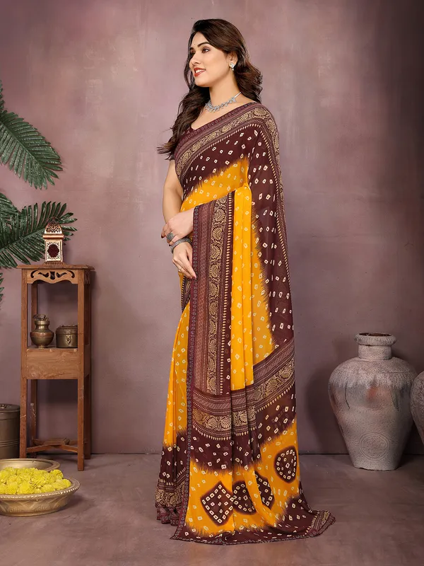 Printed,_Geometric_Print_Bandhani_Georgette_Saree��(Yellow,_Maroon)