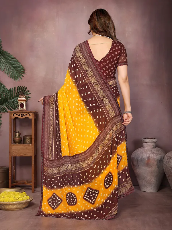 Printed,_Geometric_Print_Bandhani_Georgette_Saree��(Yellow,_Maroon)