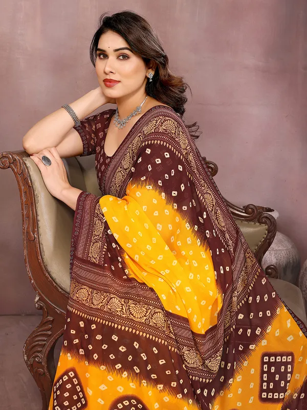Printed,_Geometric_Print_Bandhani_Georgette_Saree��(Yellow,_Maroon)