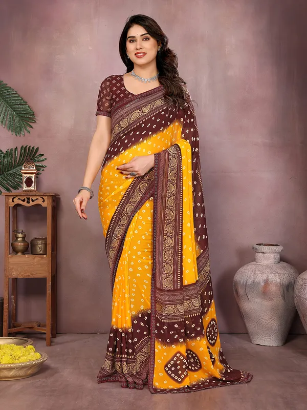 Printed,_Geometric_Print_Bandhani_Georgette_Saree��(Yellow,_Maroon)