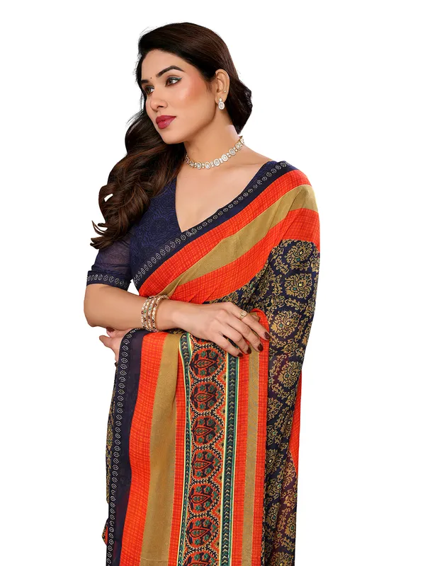 Embellished,_Paisley,_Geometric_Print_Bollywood_Georgette_Saree_(Dark_Blue,_Orange,_Beige)