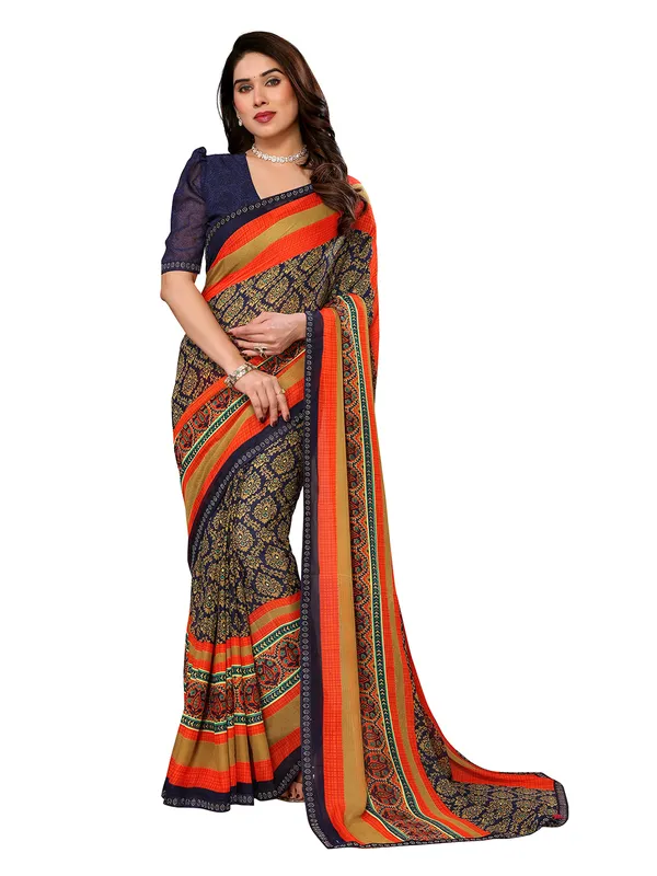 Embellished,_Paisley,_Geometric_Print_Bollywood_Georgette_Saree_(Dark_Blue,_Orange,_Beige)
