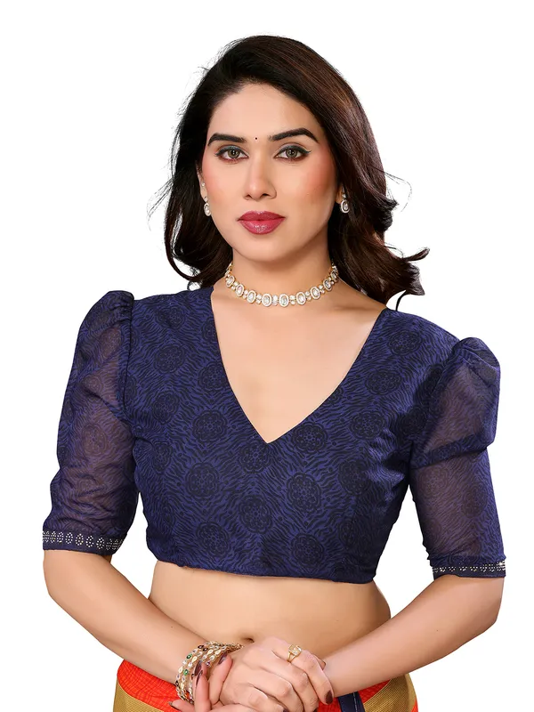 Embellished,_Paisley,_Geometric_Print_Bollywood_Georgette_Saree_(Dark_Blue,_Orange,_Beige)
