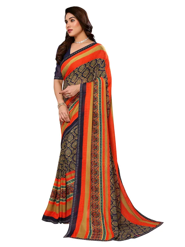 Embellished,_Paisley,_Geometric_Print_Bollywood_Georgette_Saree_(Dark_Blue,_Orange,_Beige)