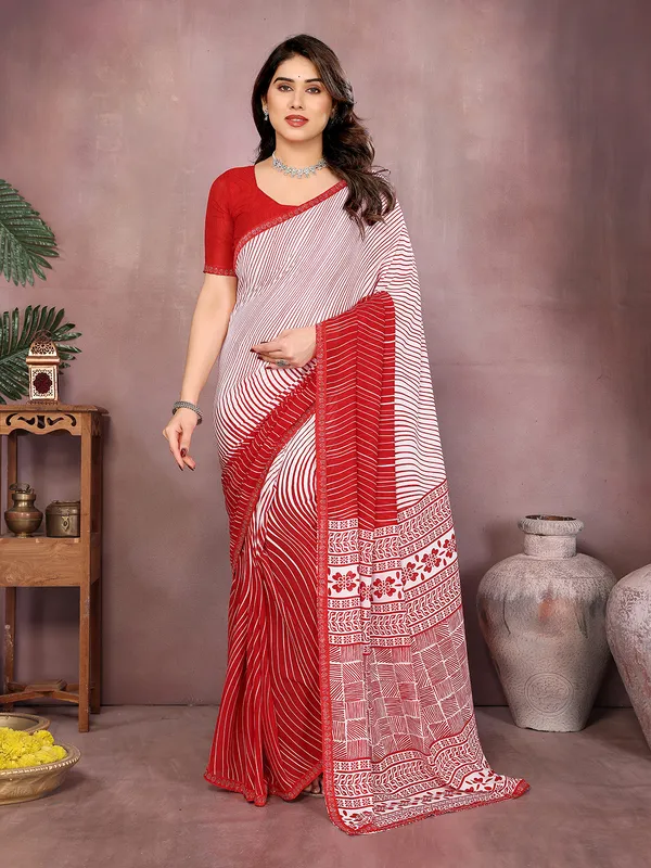 Paisley,_Striped,_Floral_Print_Daily_Wear_Georgette_Saree��(Red)