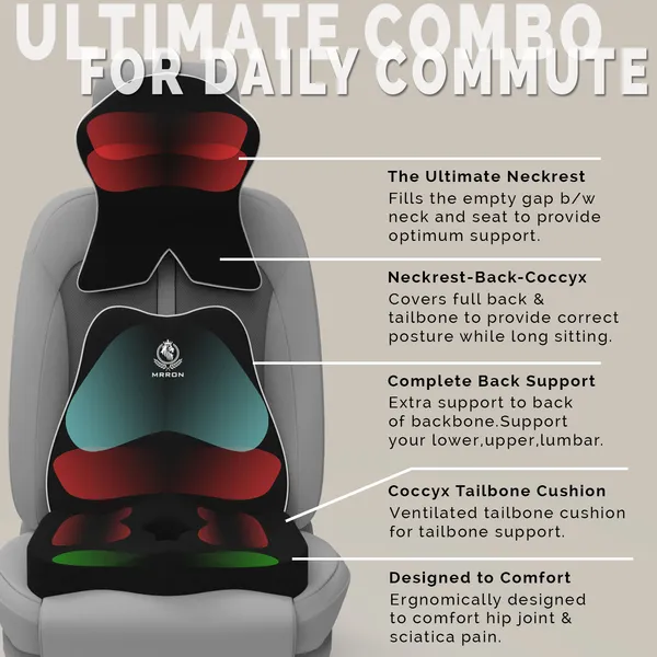 MRRON_Memory_Foam_Car_Seat_Cushion_Set_�_Lumbar_Back_Support,_Coccyx_Seat_Pad_&_Neck_Pillow_�_Ergonomic_Pain_Relief_for_Back,_Tailbone,_Sciatica_�_Ideal_for_Driving,_Office_&_Travel.