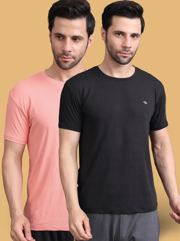 Black::Peach_Polyester_T-Shirt_For_Men