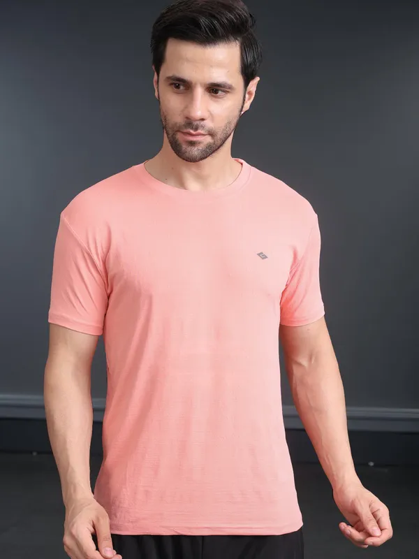 Black::Peach_Polyester_T-Shirt_For_Men