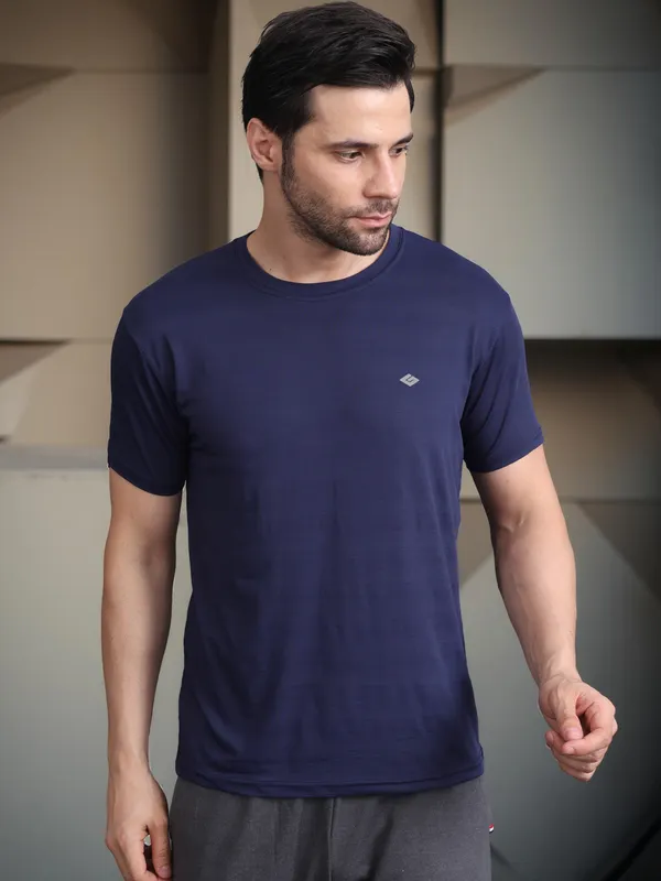 Grey::Navy_Blue_Polyester_T-Shirt_For_Men