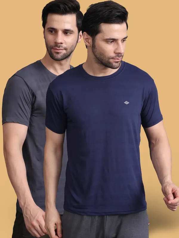Grey::Navy_Blue_Polyester_T-Shirt_For_Men