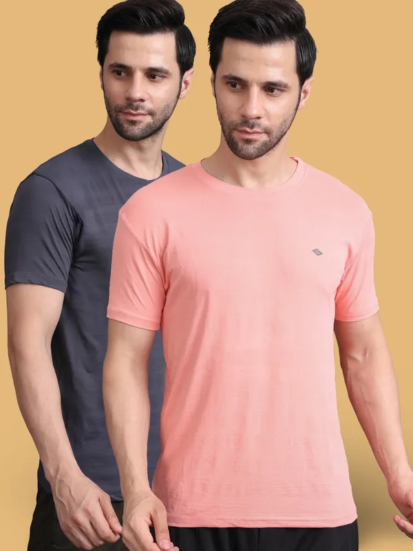 Grey::Peach_Polyester_T-Shirt_For_Men