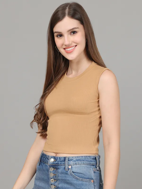 Beige_Crop_Tops_Having_sleeveless,_Cotton_Fabric,_Slip_on_closure_and_Round_Neck