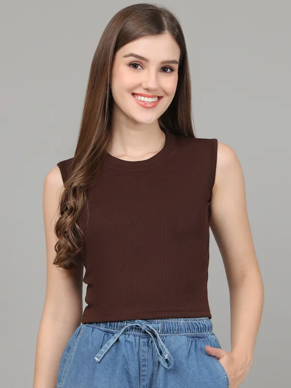 Brown_Crop_Tops_Having_sleeveless,_Cotton_Fabric,_Slip_on_closure_and_Round_Neck