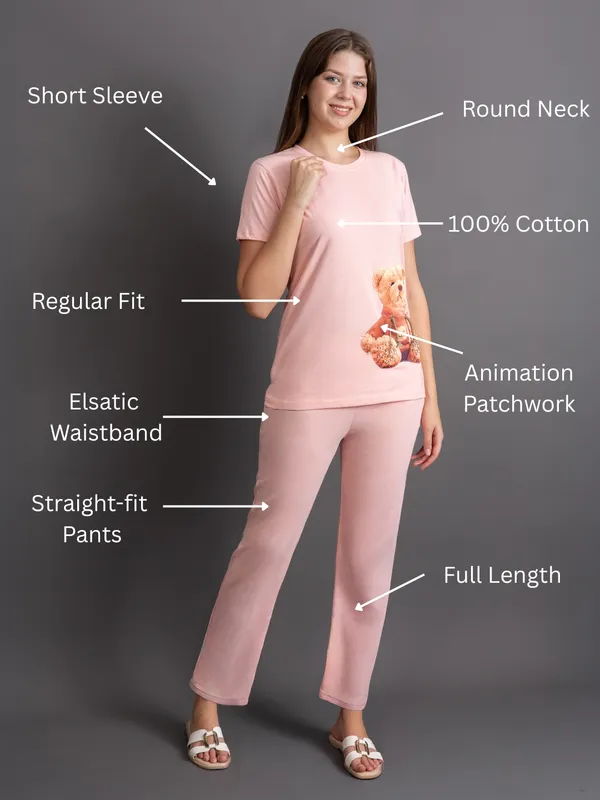 Peach_100%_Cotton_Lycra_Bio_Wash_Co-Ord_Set_For_Women