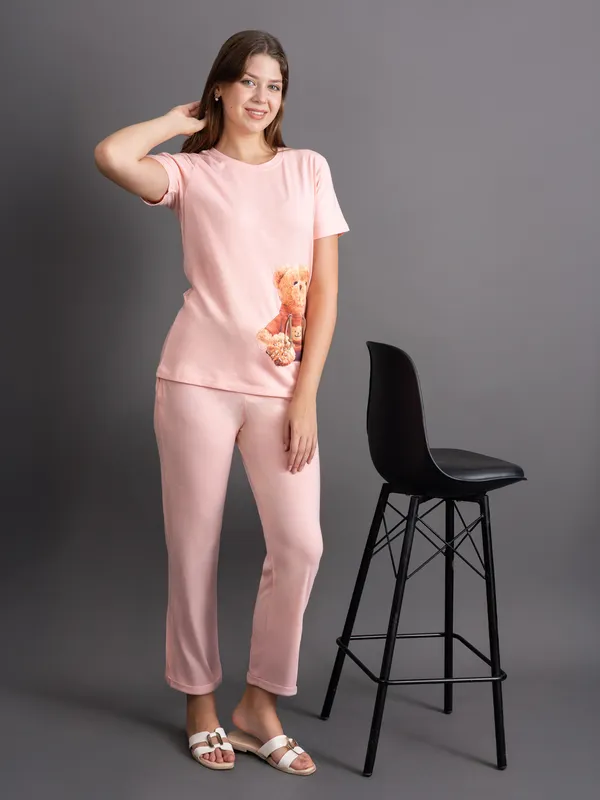 Peach_100%_Cotton_Lycra_Bio_Wash_Co-Ord_Set_For_Women
