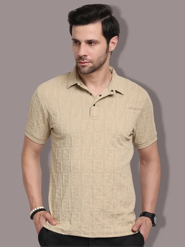 Beige_Polycotton_T-Shirt_For_Men