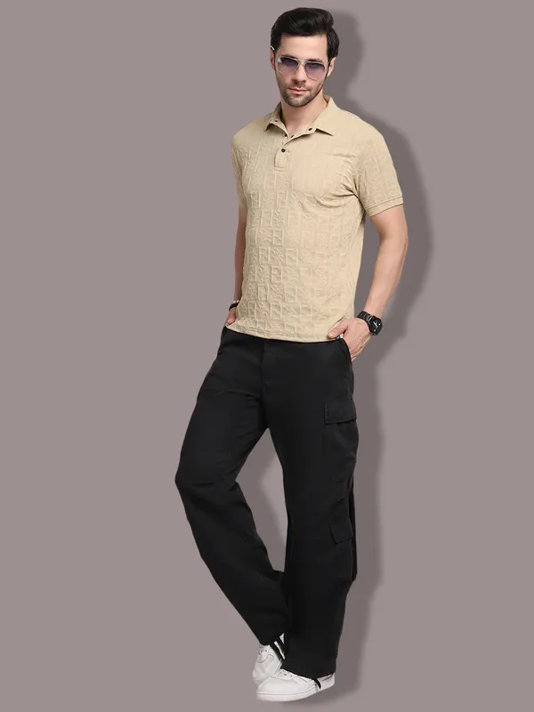 Beige_Polycotton_T-Shirt_For_Men