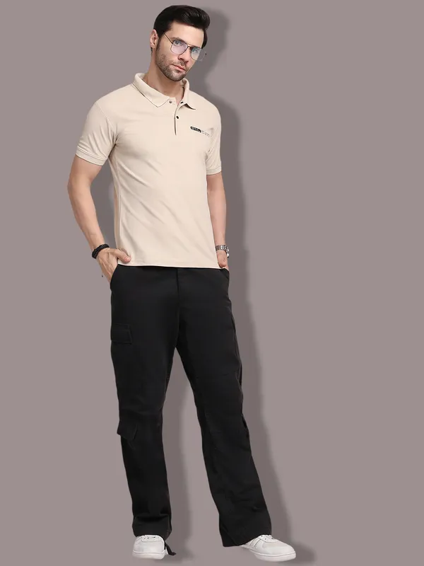 Beige_Polycotton_T-Shirt_For_Men