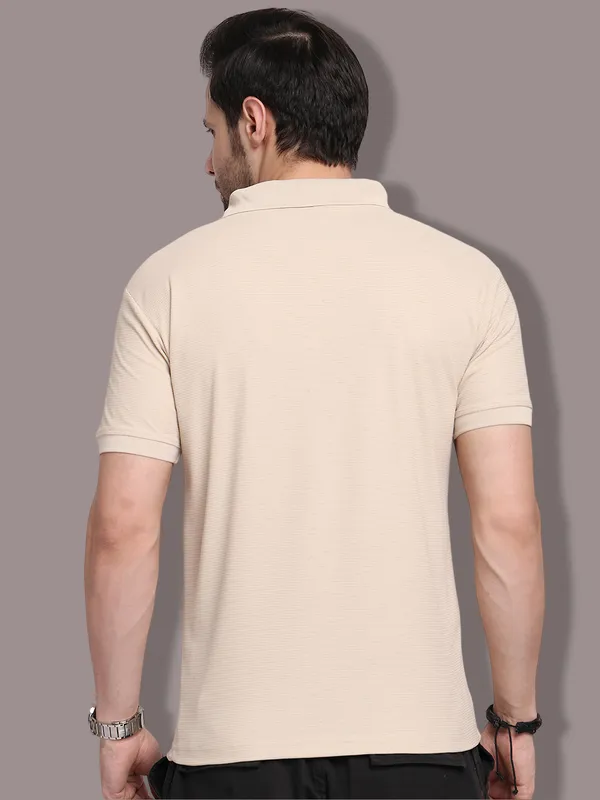 Beige_Polycotton_T-Shirt_For_Men