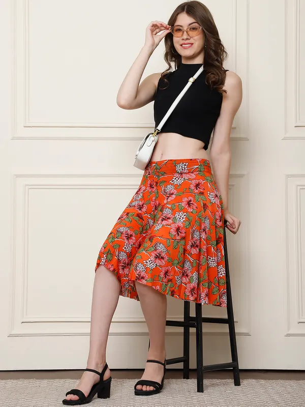 Orange_Polyester_Lycra_Skirt_For_Women