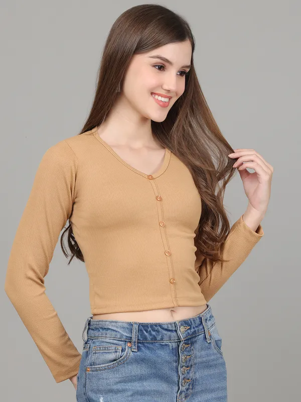 Women_Lifestyles_cotton_Rib_Full_sleeve_Beige_Crop_Tops