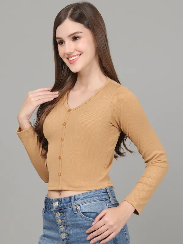 Women_Lifestyles_cotton_Rib_Full_sleeve_Beige_Crop_Tops