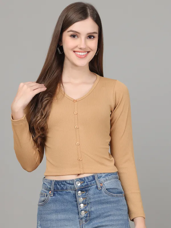 Women_Lifestyles_cotton_Rib_Full_sleeve_Beige_Crop_Tops