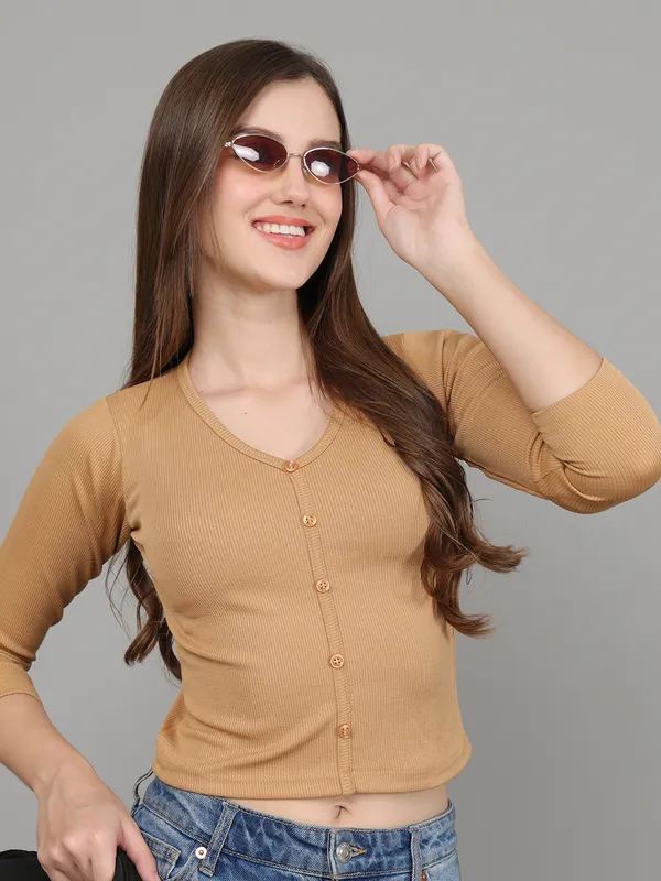 Women_Lifestyles_cotton_Rib_Full_sleeve_Beige_Crop_Tops