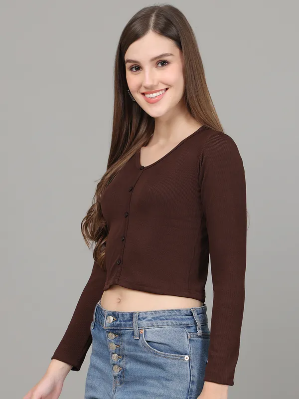 Women_Lifestyles_cotton_Rib_Full_sleeve_Brown_Crop_Tops