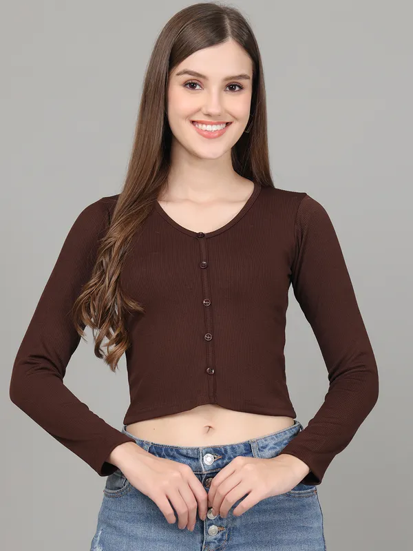 Women_Lifestyles_cotton_Rib_Full_sleeve_Brown_Crop_Tops