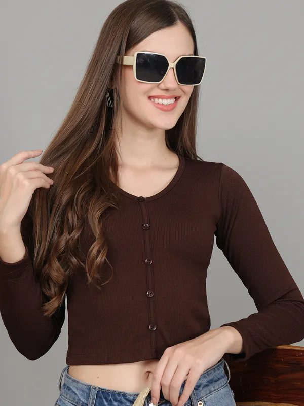 Women_Lifestyles_cotton_Rib_Full_sleeve_Brown_Crop_Tops