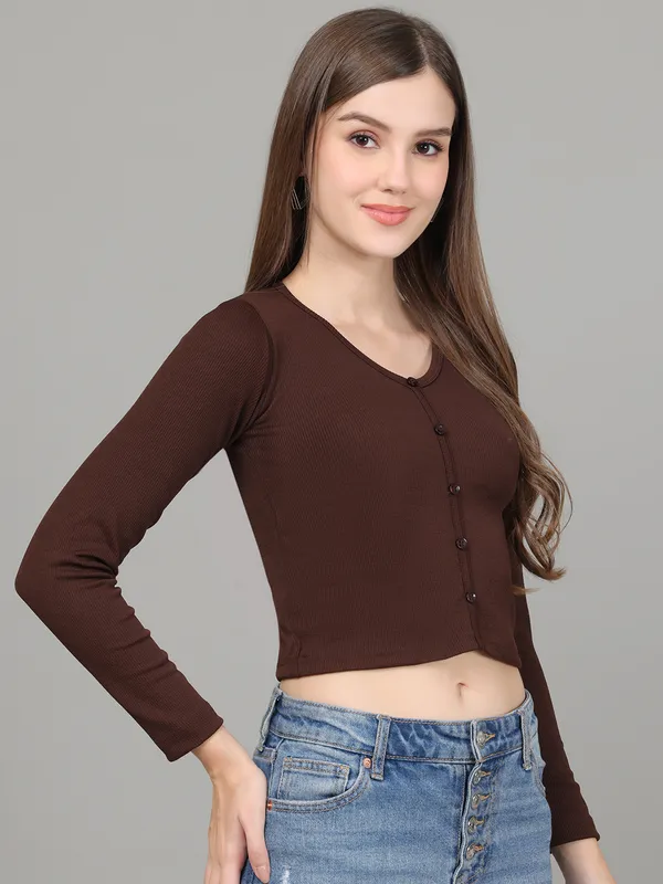 Women_Lifestyles_cotton_Rib_Full_sleeve_Brown_Crop_Tops
