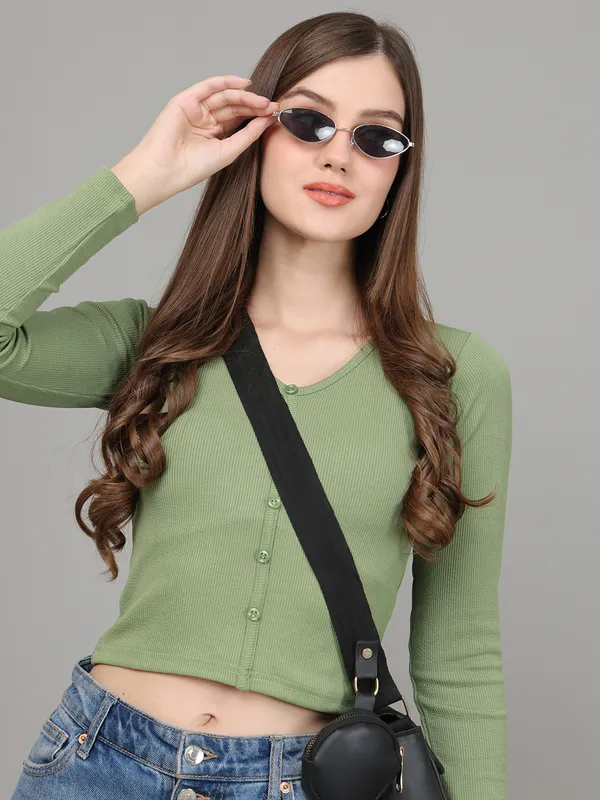 Women_Lifestyles_cotton_Rib_Full_sleeve_Green_Crop_Tops
