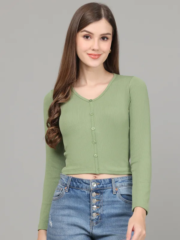 Women_Lifestyles_cotton_Rib_Full_sleeve_Green_Crop_Tops