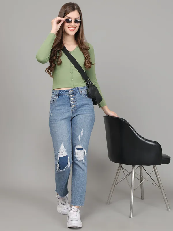 Women_Lifestyles_cotton_Rib_Full_sleeve_Green_Crop_Tops