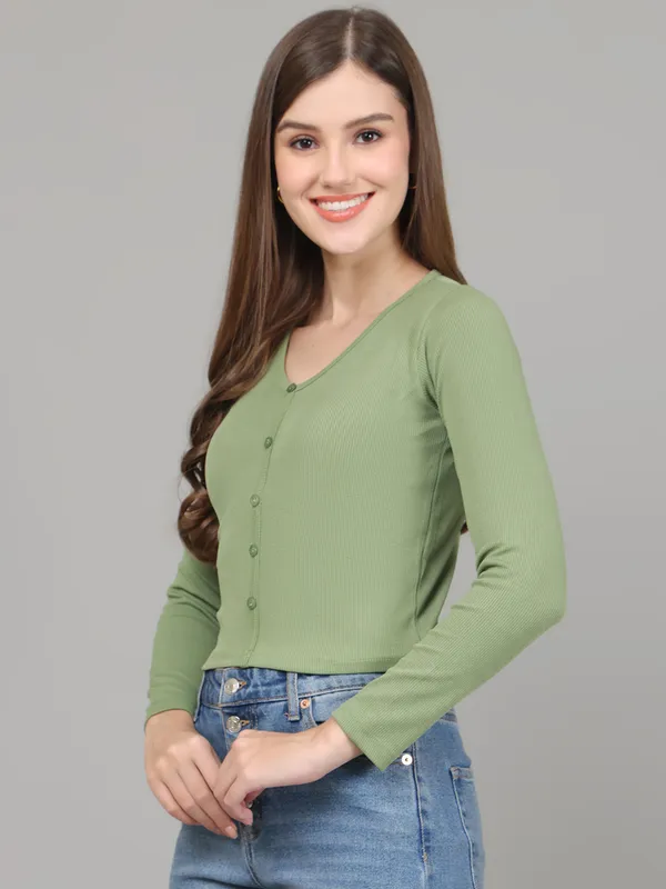 Women_Lifestyles_cotton_Rib_Full_sleeve_Green_Crop_Tops