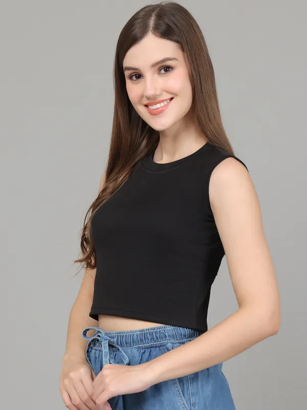 Women_Lifestyles_cotton_Rib_Sleeveless_Black_Crop_Tops